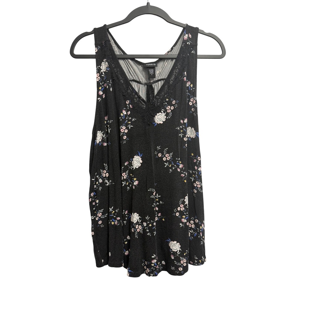 Torrid Womens Floral Lace Trim Split Racerback Tank Top Black Size‎ 2